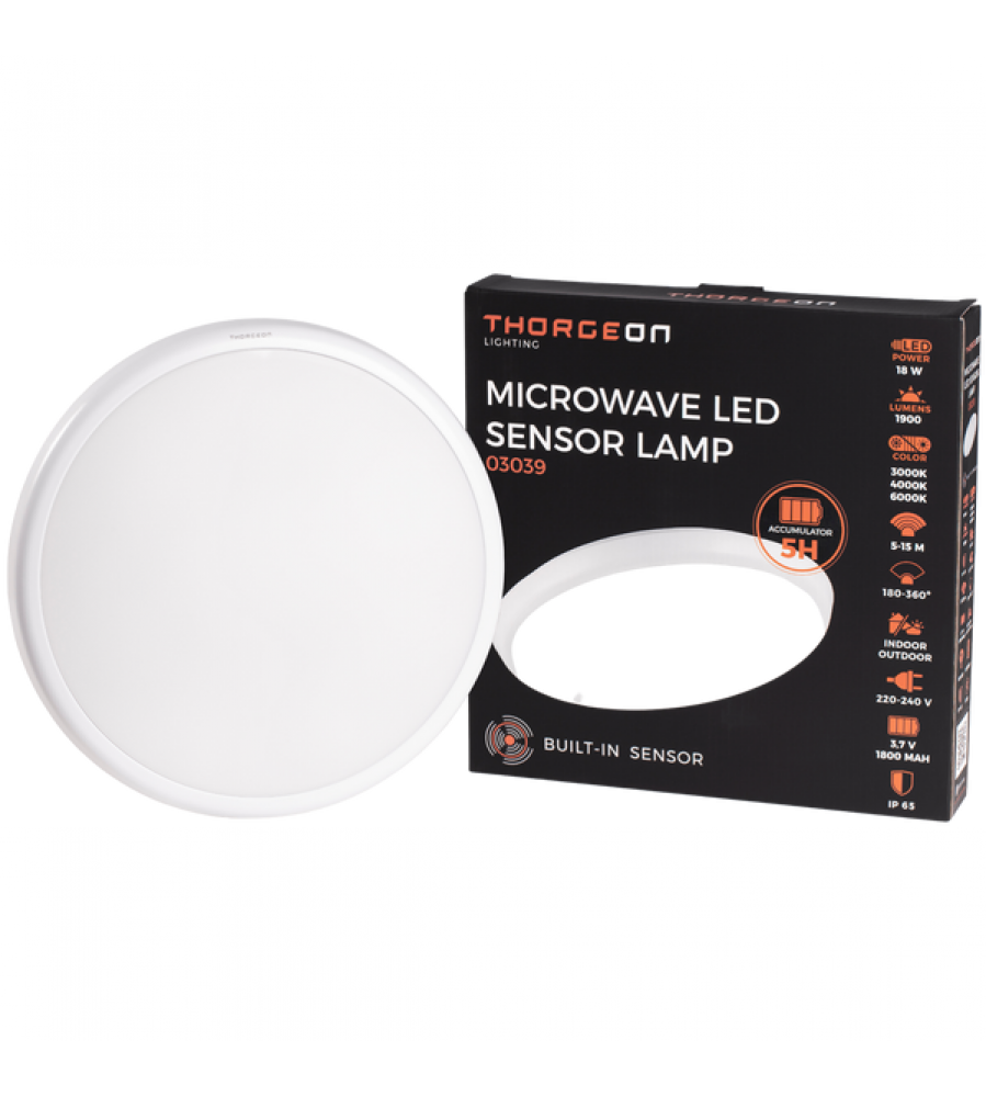 SLIM apskrito mikrobangų jutiklio LED lempa 18W 3000K/4000K/6000K 1900Lm 5-15m IP65 IK10 5H-akumuliatorius THORGEON