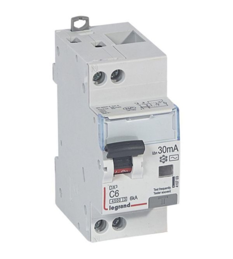 Diferencialinis grandinės pertraukiklis DX³4500 aukšto įėjimo ir žemo išėjimo varžtas U+N 230V~ - 6A tipasAC 30mA - kreivė C - 2 moduliai