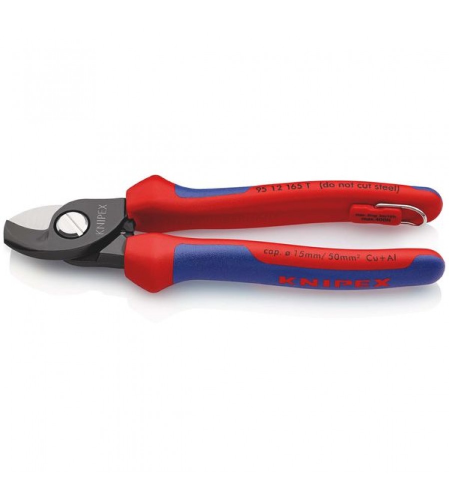 KNIPEX 95 12 165 T kabelių žirklės su daugiakomponentėmis rankenomis, su integruotu diržo tvirtinimo tašku įrankio pririšimui, šlifuota 180 mm