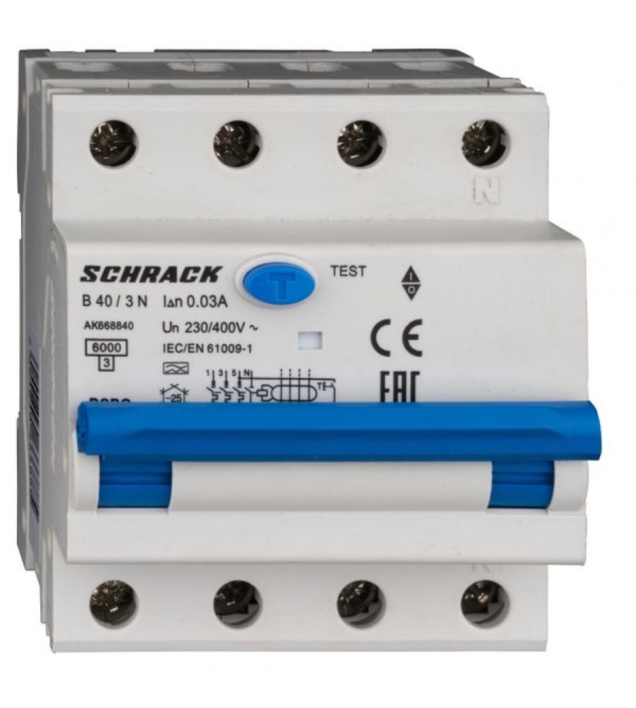 Schrack AMPARO AK668840 – RCBO 3+N, B40 A, 30 mA, A tipo, 6 kA