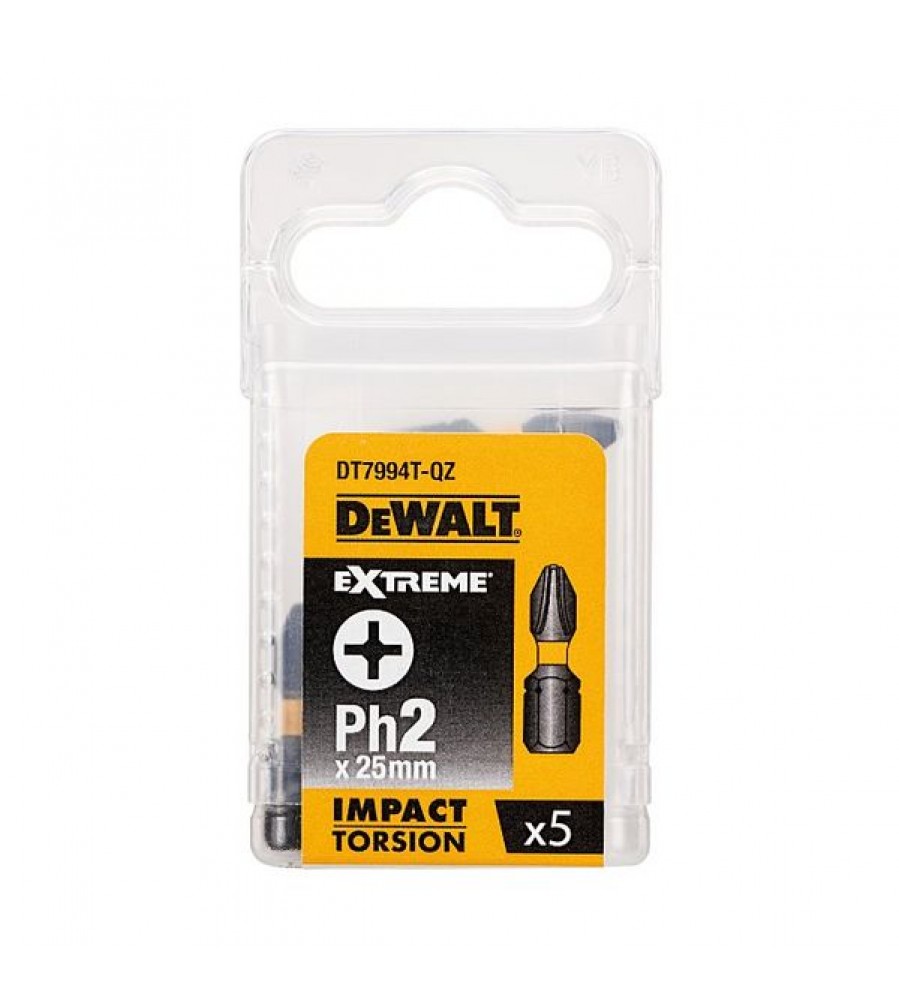Pakuotėje yra 5 Ph2 x 25 mm smūginiai sukimo antgaliai DT7994T-QZ DeWALT