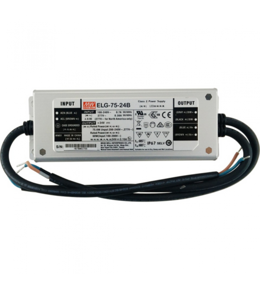AC-DC Vieno išėjimo LED tvarkyklės mišinio režimas (CV+CC) su PFC; Išėjimas 24Vdc esant 3,15A; kabelio išvestis; Pritemdymas 0-10Vdc PWM varža 75W