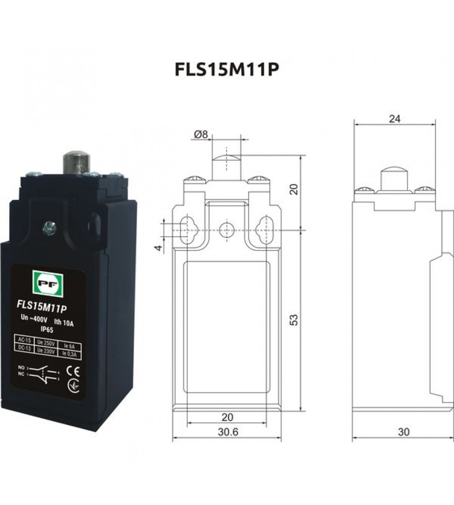 PROMFACTOR FLS15M11P65 galinės padėties jungiklis, 1NO + 1NC, IP65