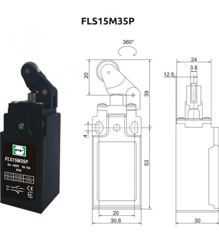 PROMFACTOR FLS15M35P65 galinės padėties jungiklis, IP65, 1NO + 1NC