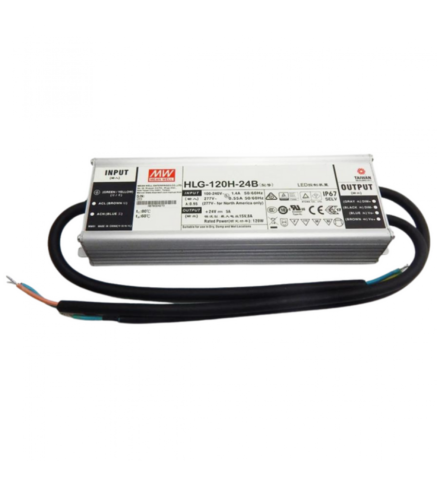 AC-DC Vieno išėjimo LED tvarkyklės Mix režimas (CV+CC) su įmontuotu PFC; Išėjimas 24Vdc prie 5A; IP67; Kabelio išvestis; Pritemdymas su 1-10V PWM varža 120W AC-DC Vieno išėjimo LED tvarkyklės Mix režimas (CV+CC) su įmontuotu PFC; Išėjimas 24Vdc prie 5A; IP67; Kabelio išvestis; Pritemdymas su 1-10V PWM varža 120W