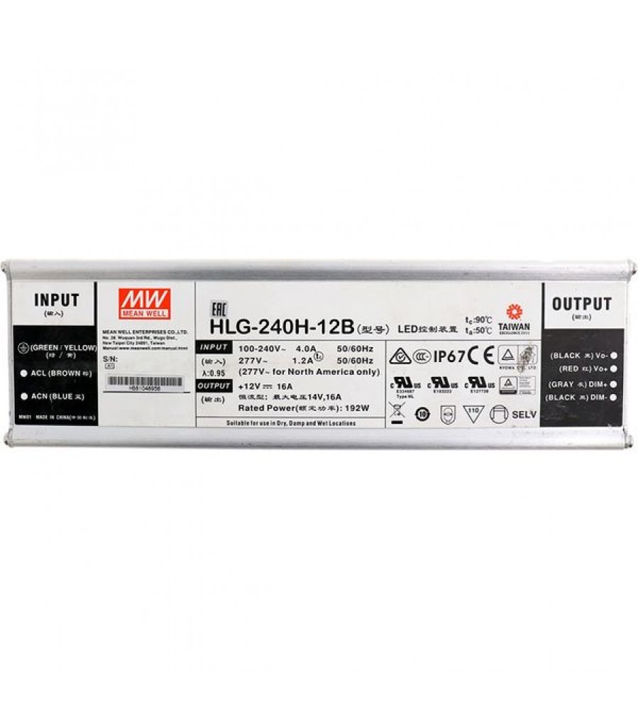 AC-DC Vieno išėjimo LED tvarkyklės Mix režimas (CV+CC) su įmontuotu PFC; Išėjimas 12Vdc prie 16A; IP67; Kabelio išvestis; Pritemdymas su 1-10V PWM varža 240W AC-DC Vieno išėjimo LED tvarkyklės Mix režimas (CV+CC) su įmontuotu PFC; Išėjimas 12Vdc prie 16A; IP67; Kabelio išvestis; Pritemdymas su 1-10V PWM varža 240W