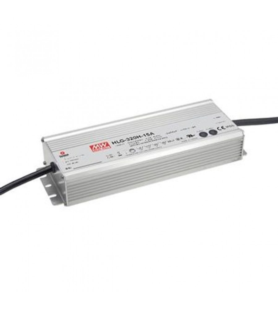 AC-DC Vieno išėjimo LED tvarkyklės Mix režimas (CV+CC) su įmontuotu PFC; Išėjimas 24Vdc prie 13,34A; IP65; Kabelio išvestis; Pritemdymas potenciometru 320W