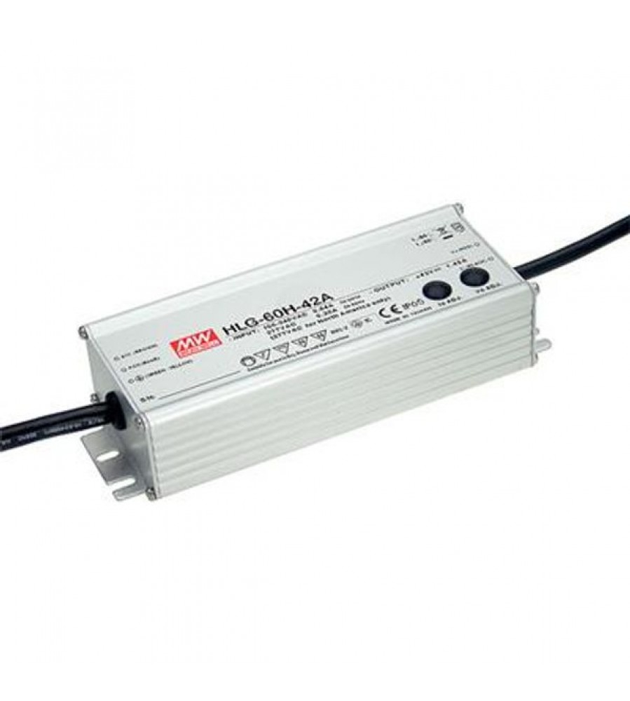 AC-DC Vieno išėjimo LED tvarkyklės Mix režimas (CV+CC) su įmontuotu PFC; Išėjimas 24Vdc prie 2,5A; IP67; Kabelio išvestis; Pritemdymas su 1-10V PWM varža 60W