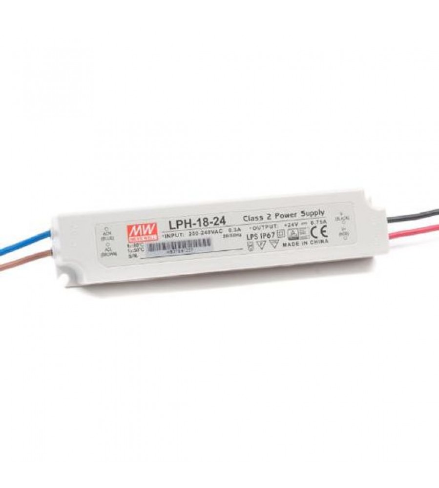 AC-DC Vieno išėjimo LED tvarkyklė Pastovi įtampa (CV); Išėjimas 24Vdc esant 0,75A; kabelio galia 18W