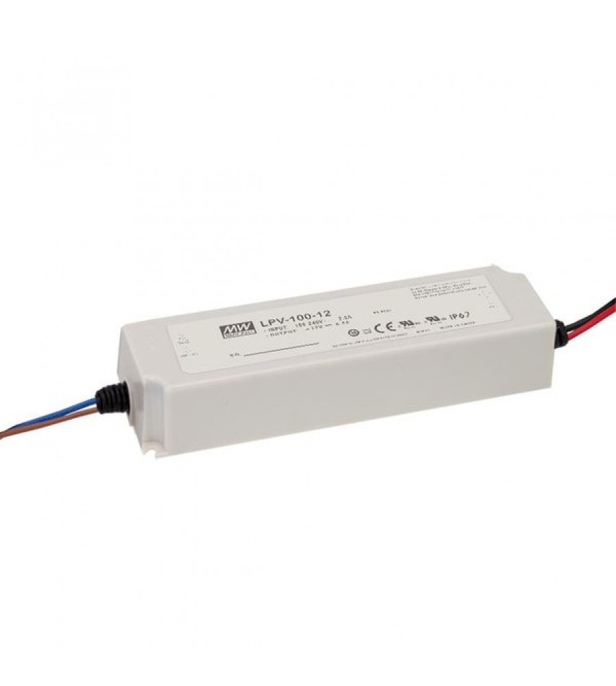 AC-DC Vieno išėjimo LED tvarkyklė Pastovi įtampa (CV); Išėjimas 12Vdc prie 8,5A; kabelio galia 100W
