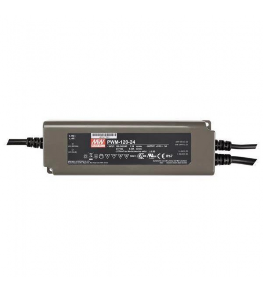 AC-DC Vieno išėjimo LED tvarkyklė Pastovi įtampa (CV); PWM išvestis LED juostelėms; Išėjimas 24Vdc prie 5A; Pritemdymas su 0-10Vdc arba PWM; IP67 120W