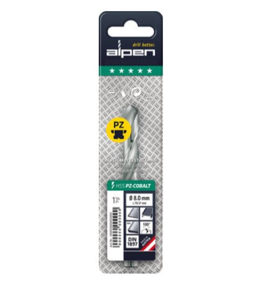 kobalto grąžtas metalui, 8,0 mm, HSS-Co PZ, trumpas, ALPEN [0092100800100]
