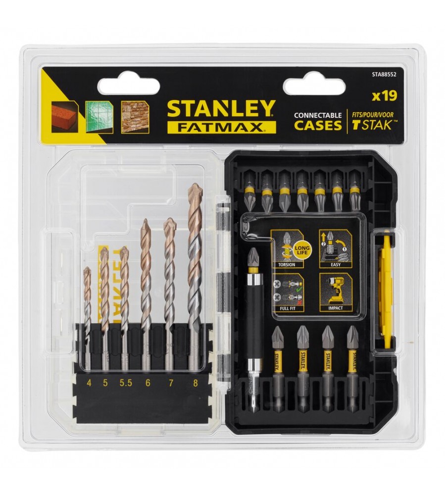 19 dalių 1/4 colio smūginių antgalių ir mūro grąžtų rinkinys, Stanley [STA88552-XJ]