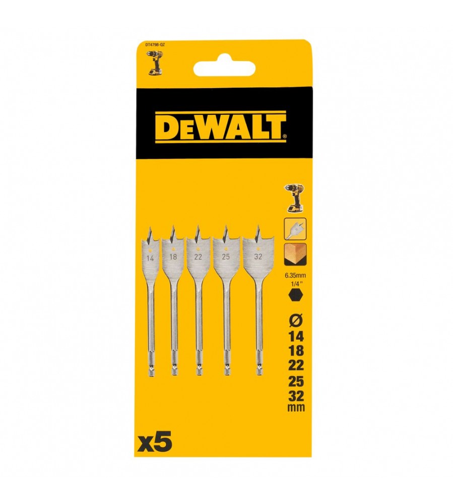 5 plokščių medienos grąžtų rinkinys: 14, 18, 22, 25, 32 mm, „DeWalt“ [DT4798-QZ]