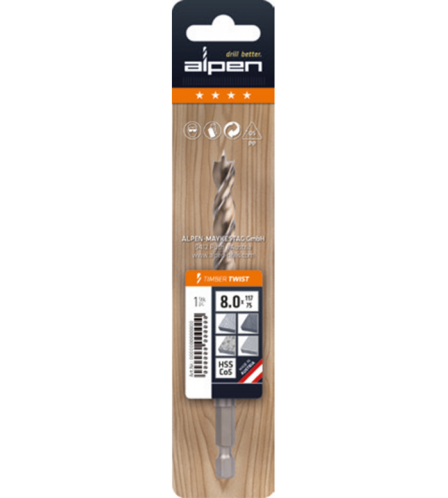 Spiralinis grąžtas medienai 6,0 mm, su 1/4 colio laikikliu, „Timber Twist“ serija, HSS-Co5, „Alpen“ [0067500600100]