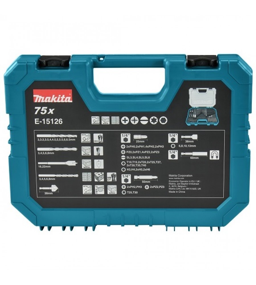 75 vnt. 1/4 colio antgalių ir grąžtų rinkinys medžiui, metalui ir betonui, Makita [E-15126]