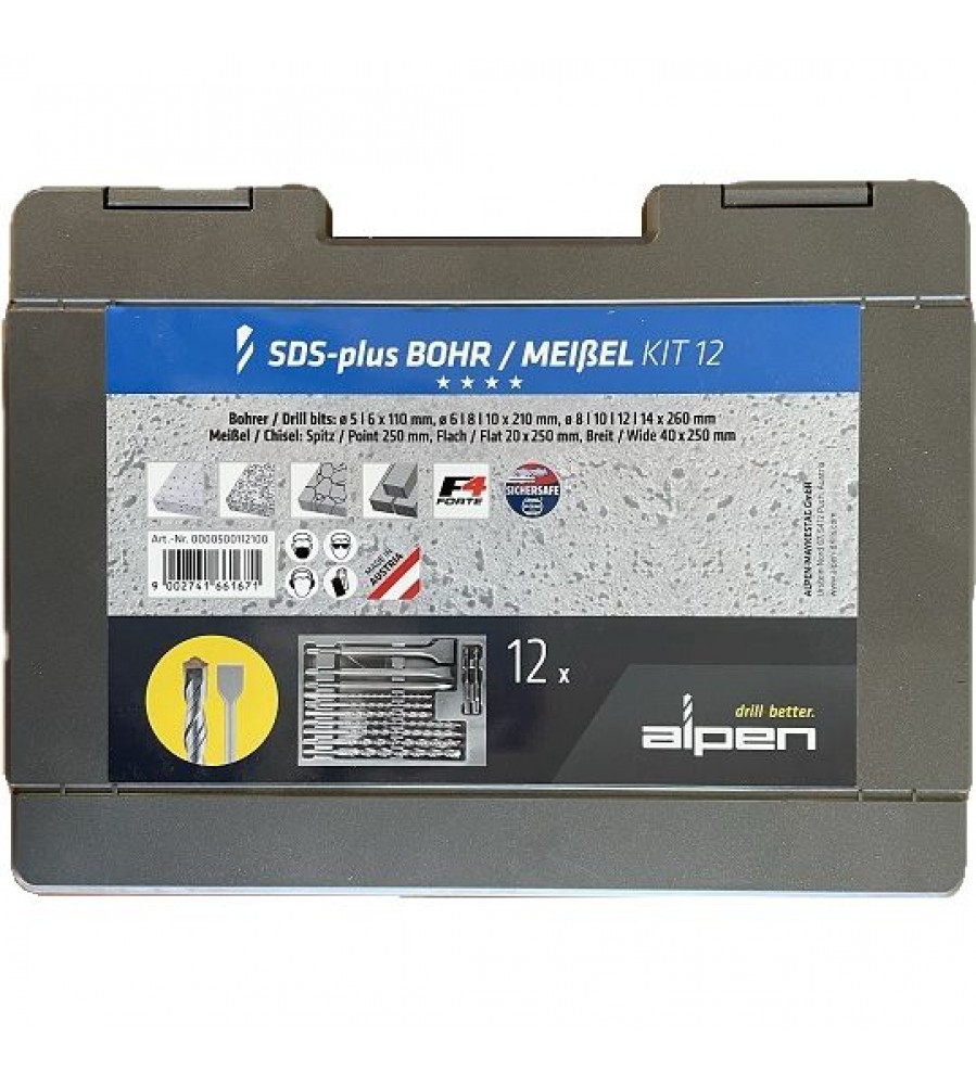 12 grąžtų ir kaltų rinkinys betonui SDS+, F4 Forte, KIT-12, Alpen [0000500112100]