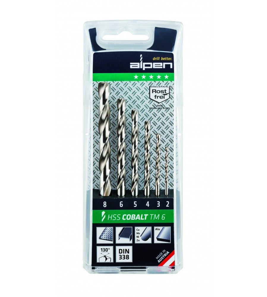 6 kobalto grąžtų metalui HSS-Co, Alpen TM-6 rinkinys [0000100606100]