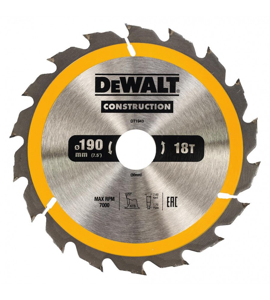 Diskinis pjūklas medienai pjauti 190/30 mm, pjovimo storis 2,6 mm, 18 dantų, STATYBINĖMS DEWALT [DT1943-QZ]