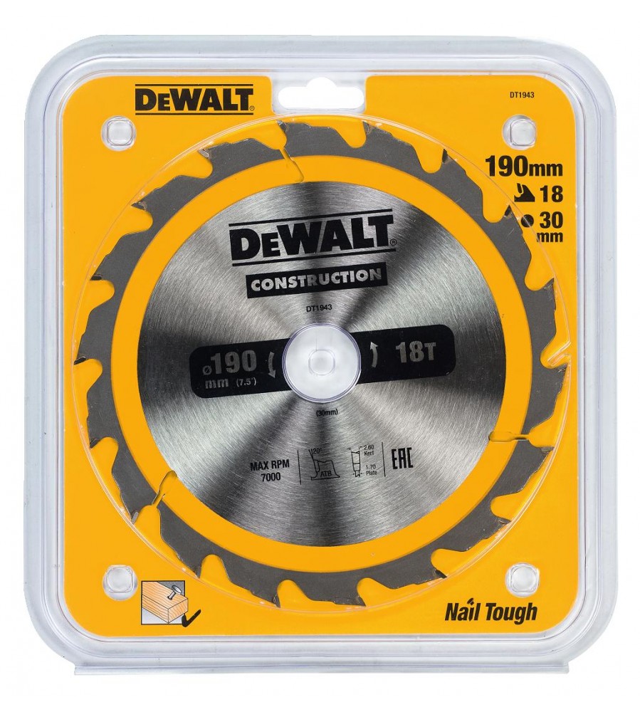 Diskinis pjūklas medienai pjauti 190/30 mm, pjovimo storis 2,6 mm, 18 dantų, STATYBINĖMS DEWALT [DT1943-QZ]