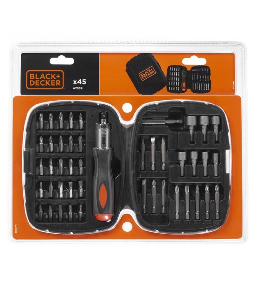45 antgalių ir galvučių rinkinys su 1/4 colio reketiniu atsuktuvu BLACK+DECKER [A7039-XJ]